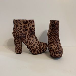 Cheetah print platform bootie heels